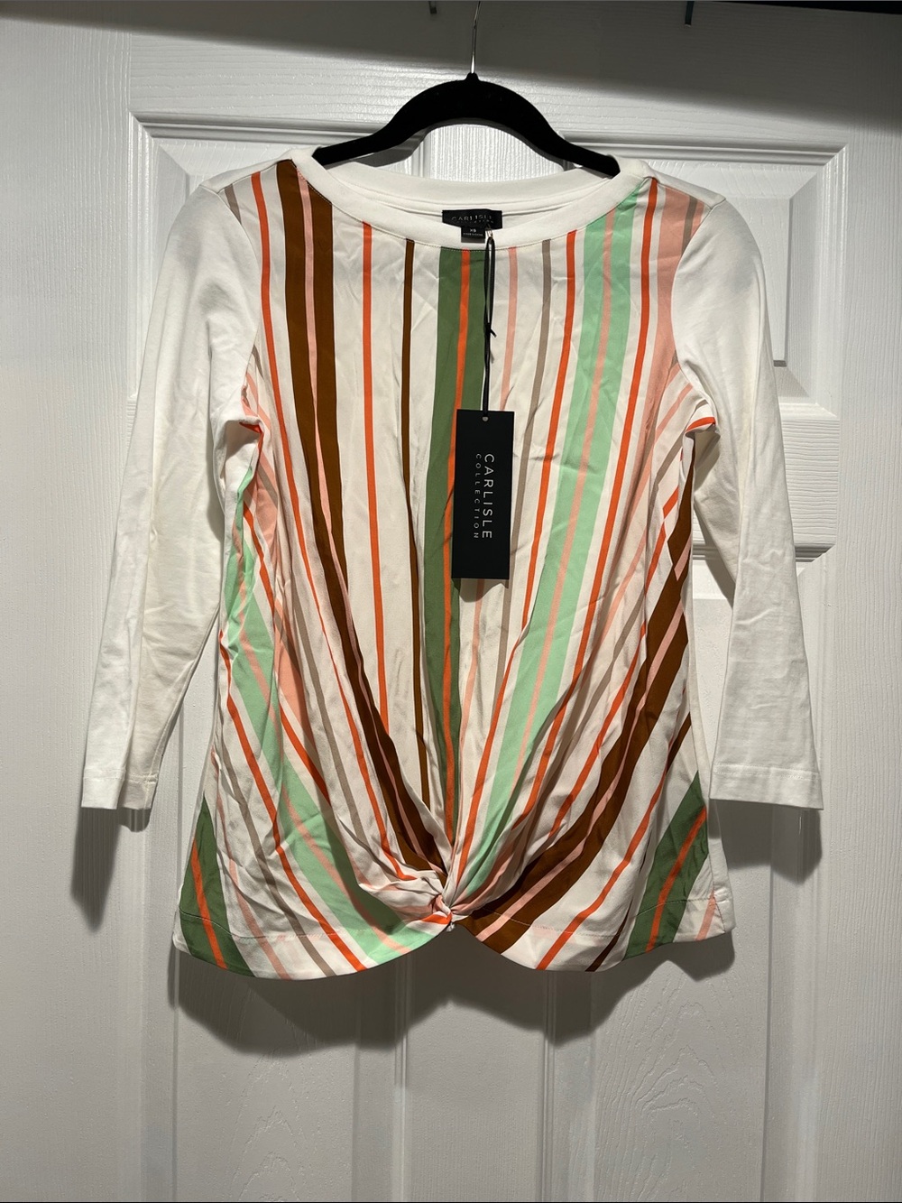 Carlisle White Multicolor Striped Twist-Front Long Sleeve Top